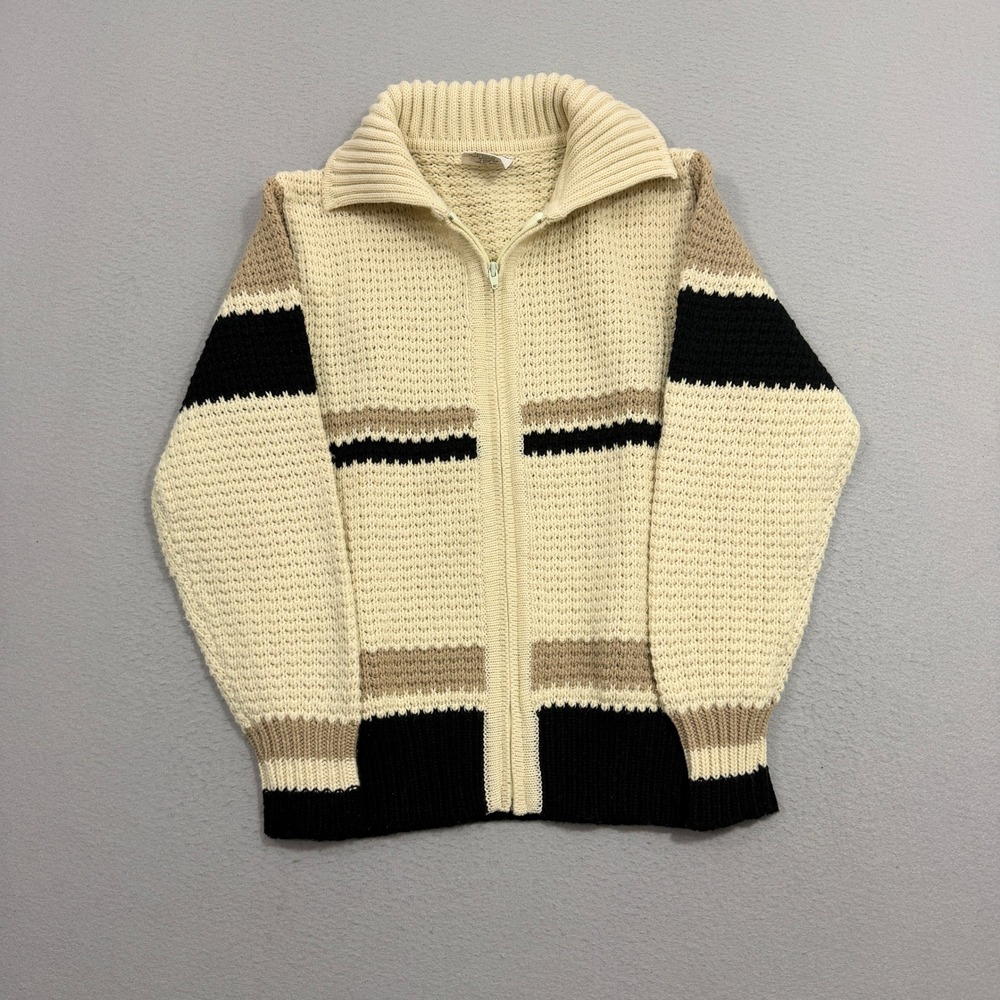 Vintage 80s Saturdays Large Chunky Knit Zip Sweater Grandpa Striped Cowichan